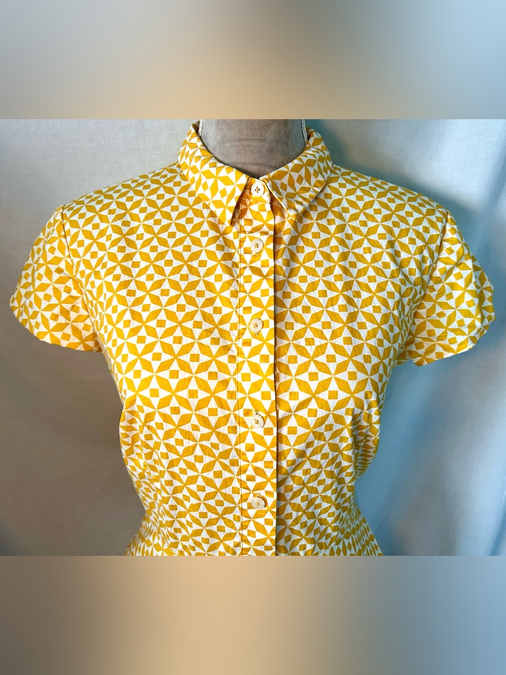 Boden Sophia Mustard Yellow, White Geometric Daisy Cotton Shirt Dress, Size 8 - Picture 2 of 16